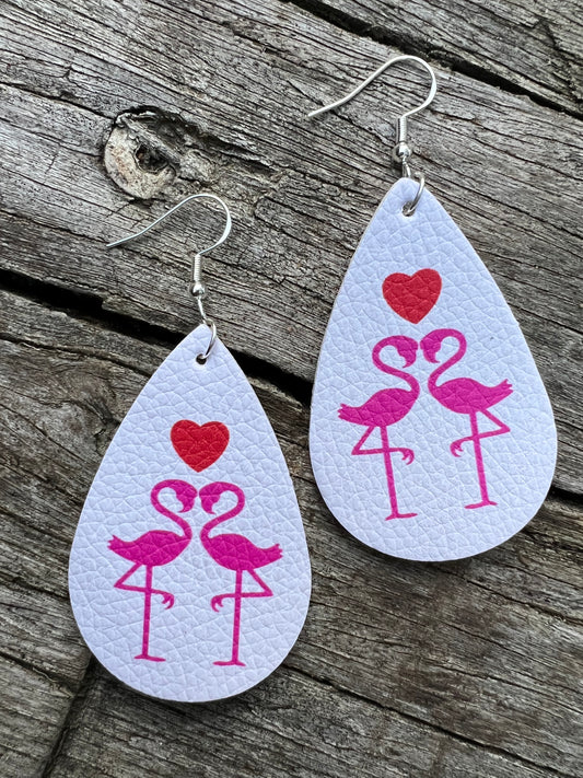 Double Flamingo Heart Faux Leather Earrings