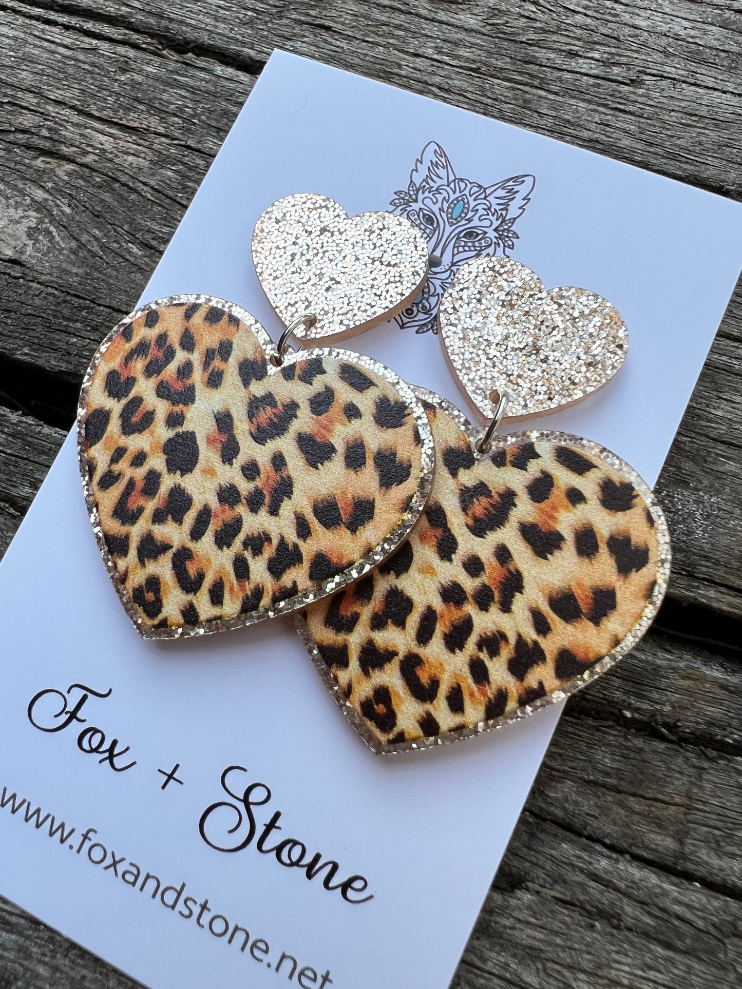 Gold Shimmer Leopard Glitter Hearts Earrings