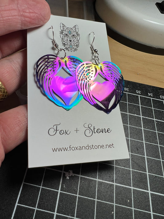 Irridescent Heart + Angel Wings Earrings