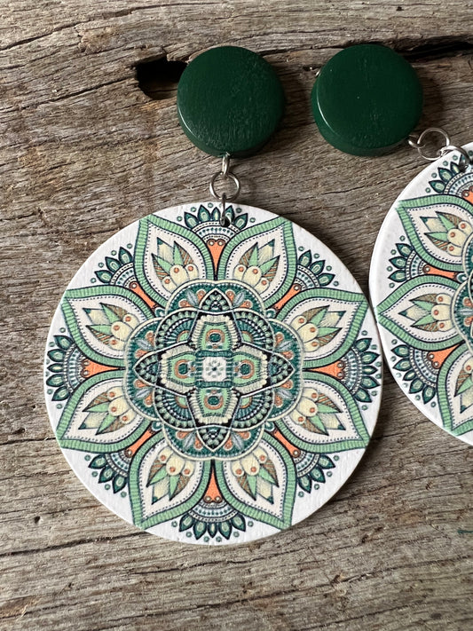 Big Bold Green Print Wood Earrings