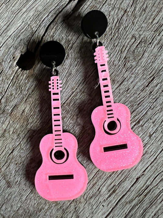 Glitter Pink Black Guitars Earrings