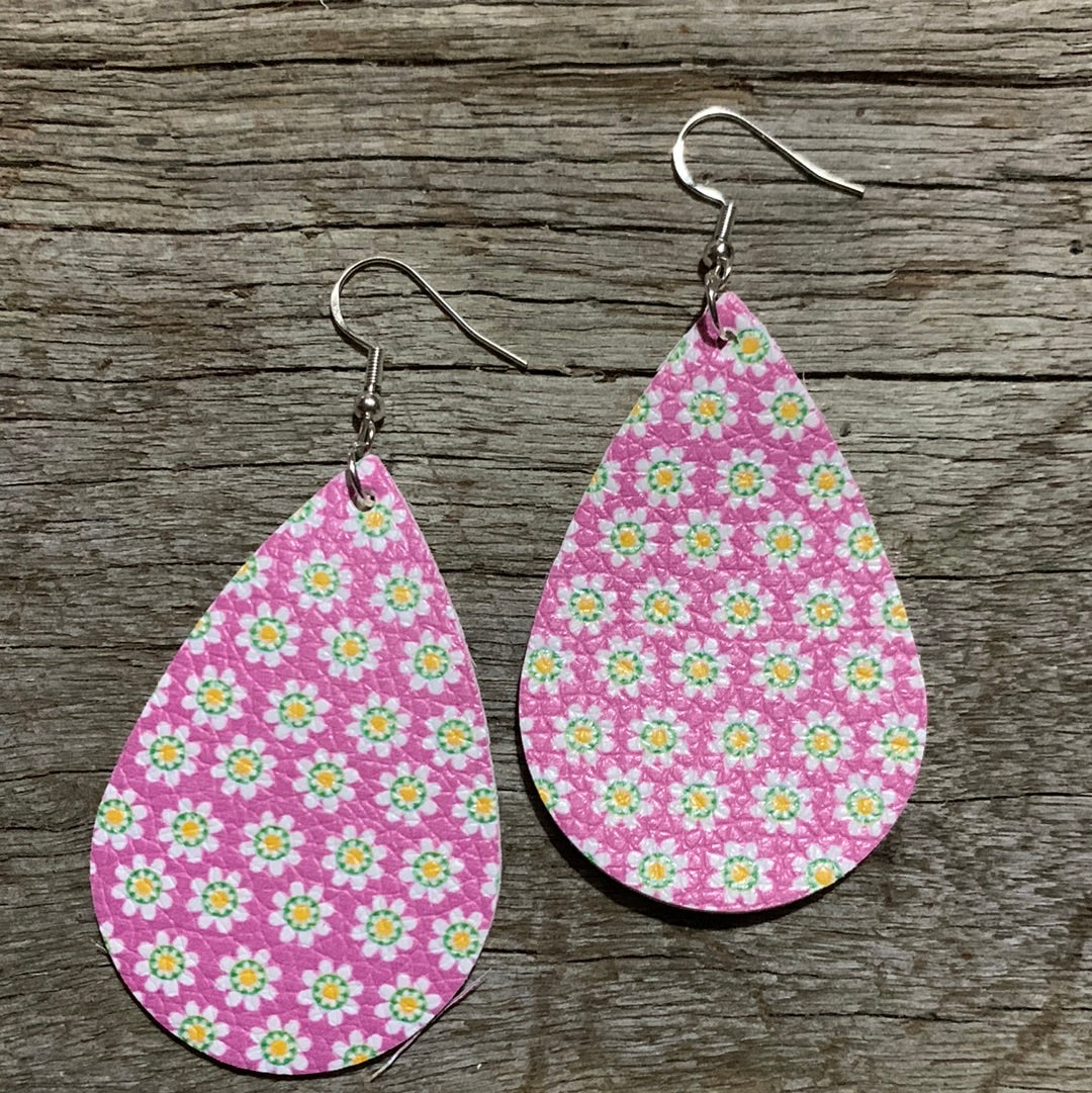 Pink Floral Faux Leather Earrings