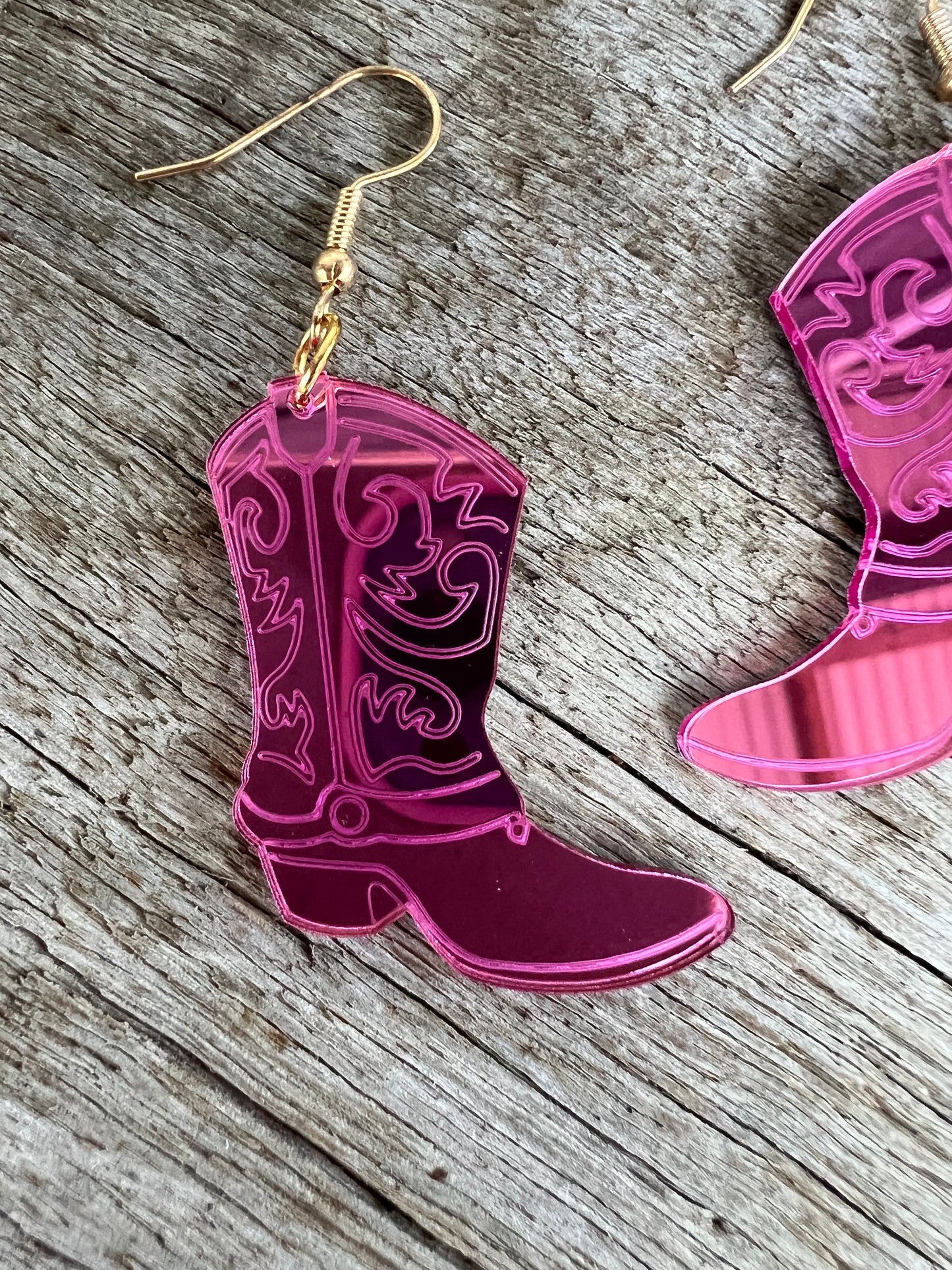 Pink Mirror Cowboy Boot Earrings