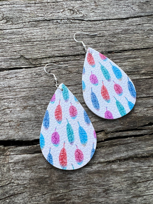 Watercolour Feather Faux Leather Earrings