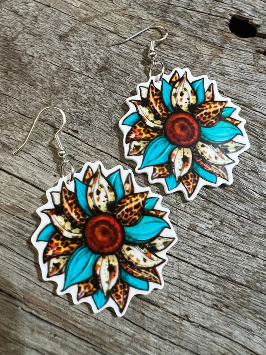 Blue Leopard Sunflower Earrings