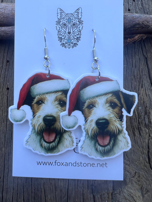 Fox Terrier Santa Hat Dog Earrings
