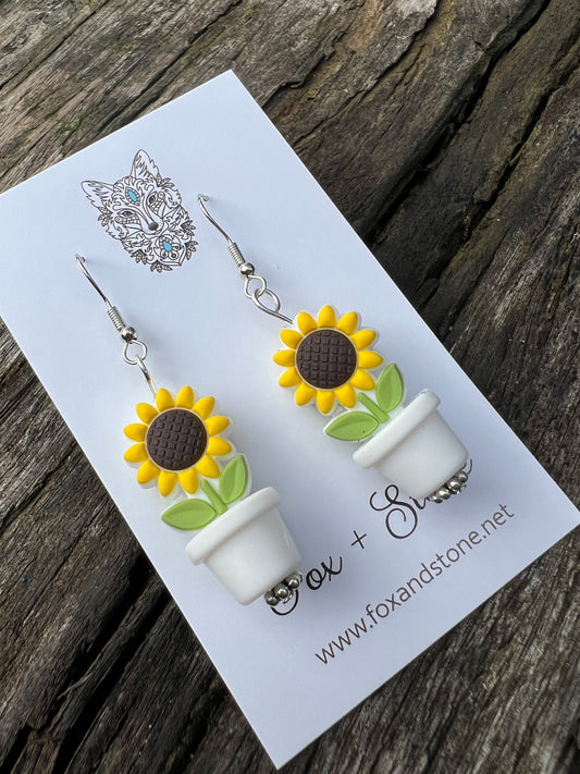 Sunflower in White Pots Earrings
