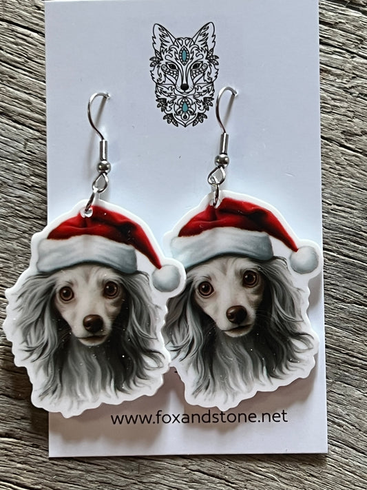 Chinese Crested Santa Hat Dog Earrings