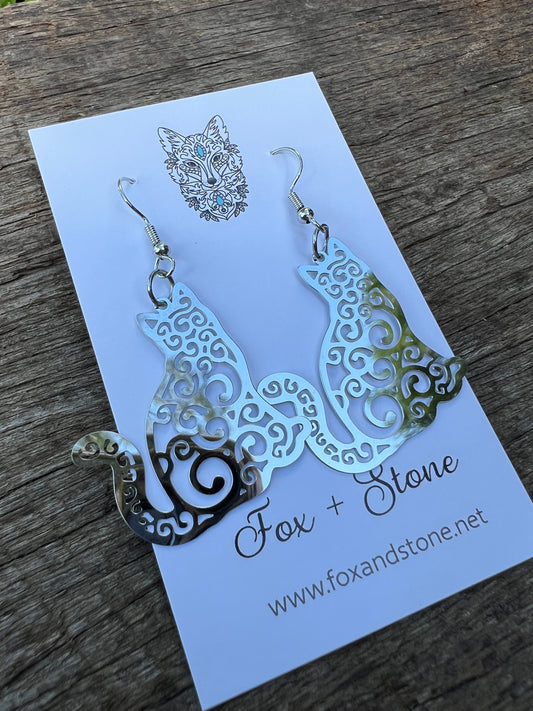 Silver Shine Filigree Cat Earrings