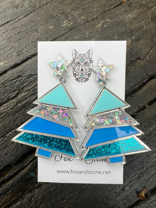 Christmas Tree Blue Glitter Earrings