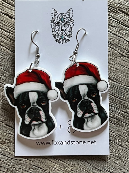 Boston Terrier Santa Hat Dog Earrings