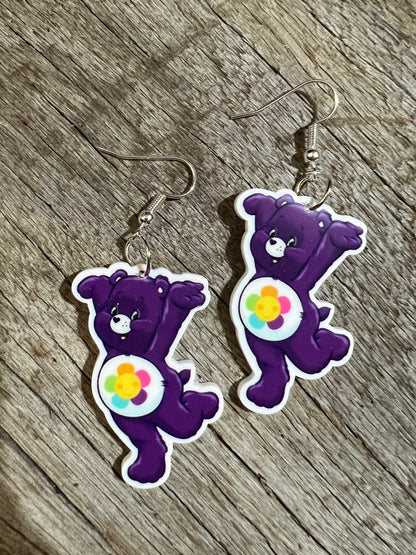 Purple Rainbow Flower Bear Earrings
