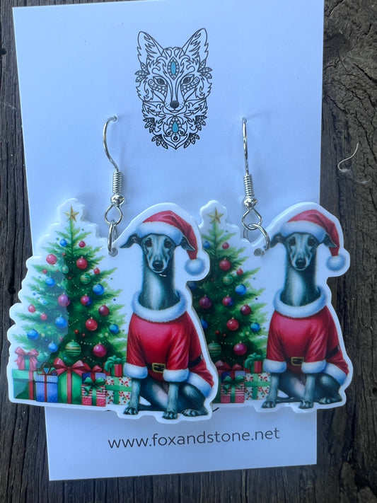 Greyhound Santa Hat Dog Earrings