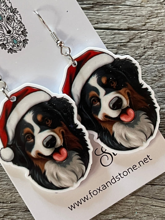 Australian Shepard Santa Hat Dog Earrings