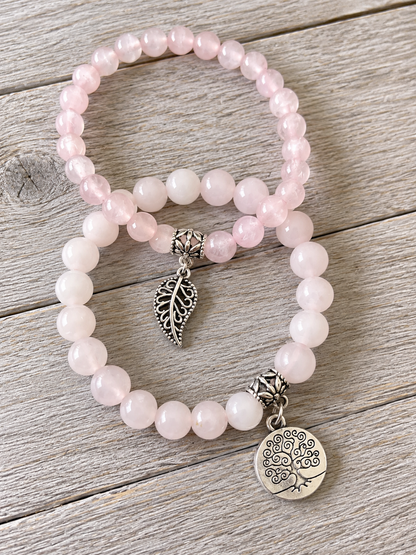 Rose Quartz Double Natural Stone Bracelets Silver