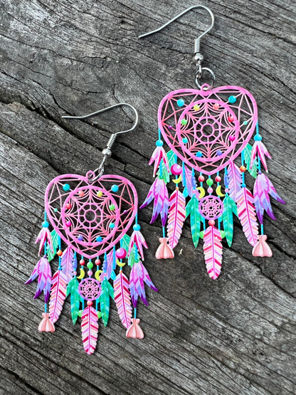 Pastel Feather Hearts Earrings