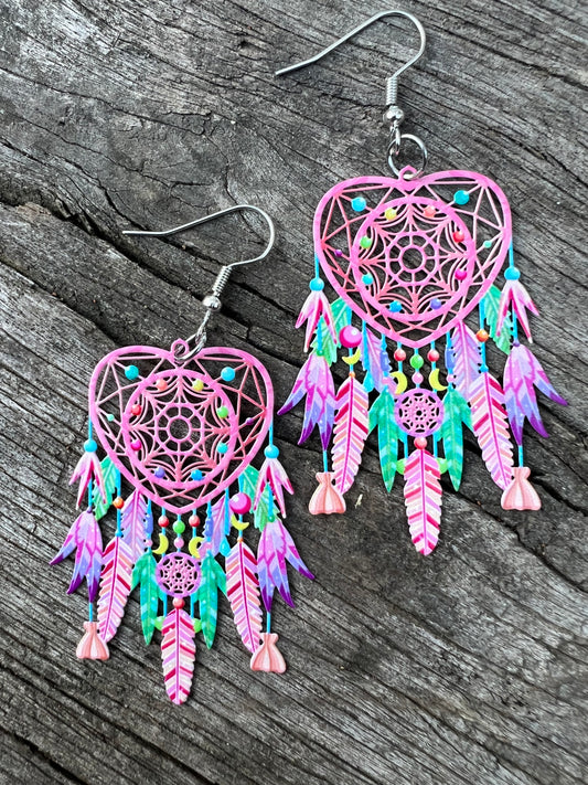 Pastel Feather Hearts Earrings