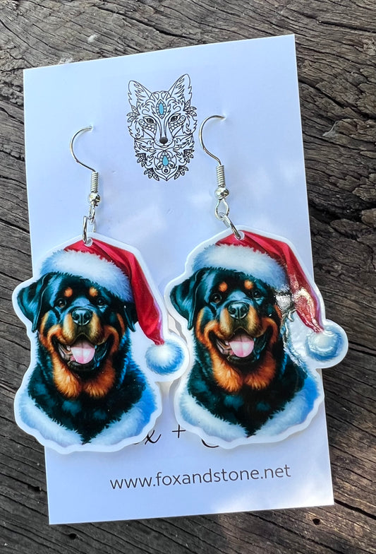 Rottweiler Santa Hat Dog Earrings