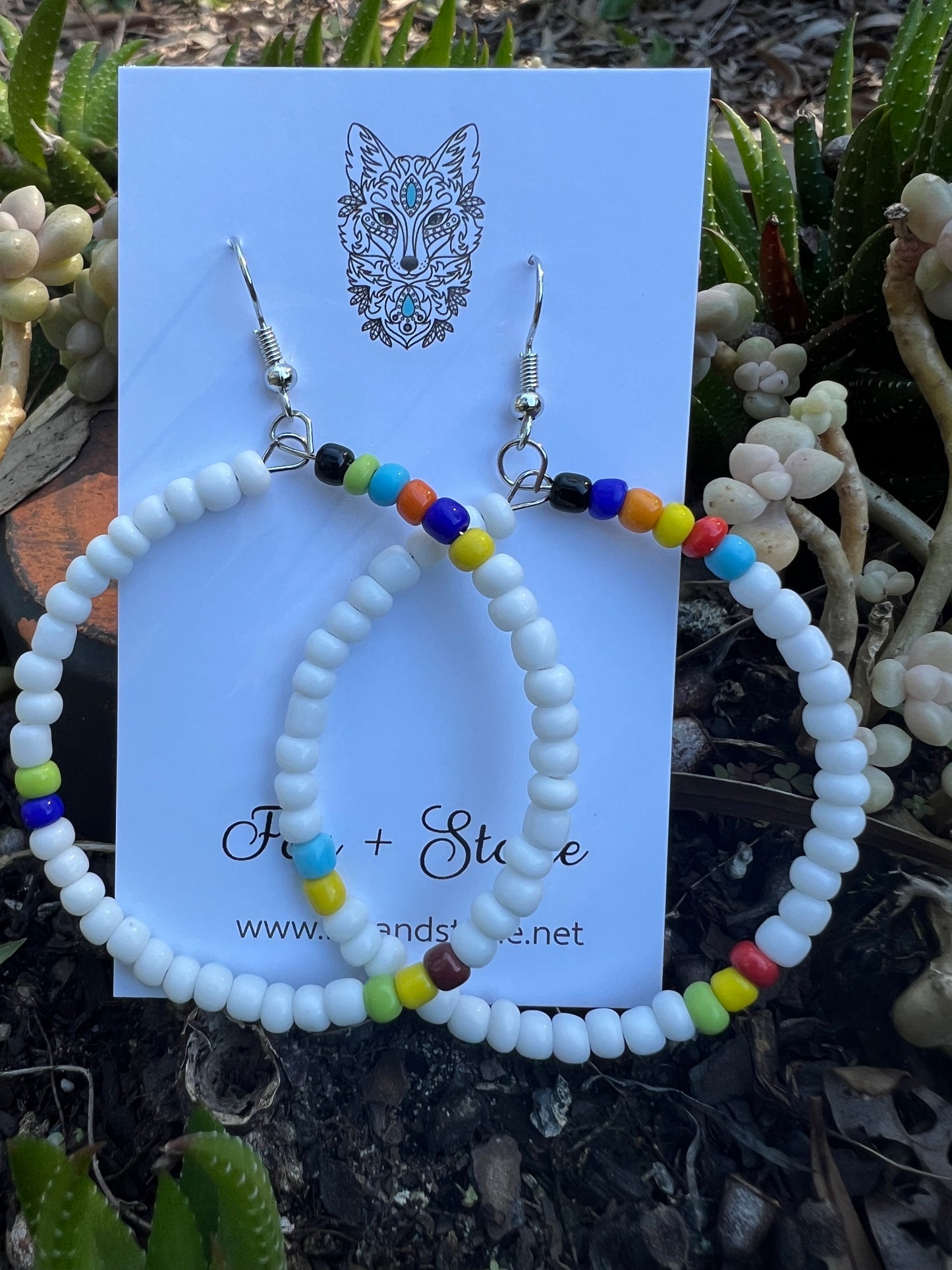White Large Beaded Hoop Earrings