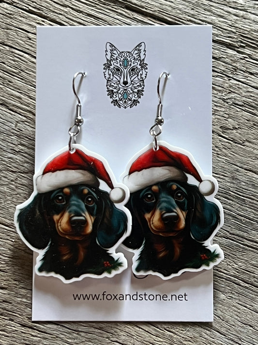 Dachshund Dark Santa Hat Dog Earrings