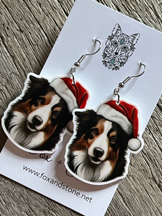 Collie Santa Hat Dog Earrings