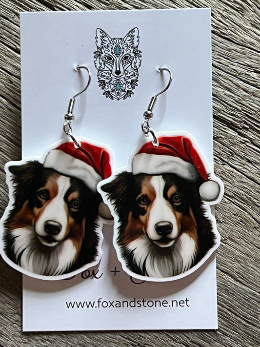 Collie Santa Hat Dog Earrings