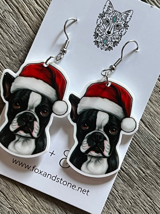 Boston Terrier Santa Hat Dog Earrings