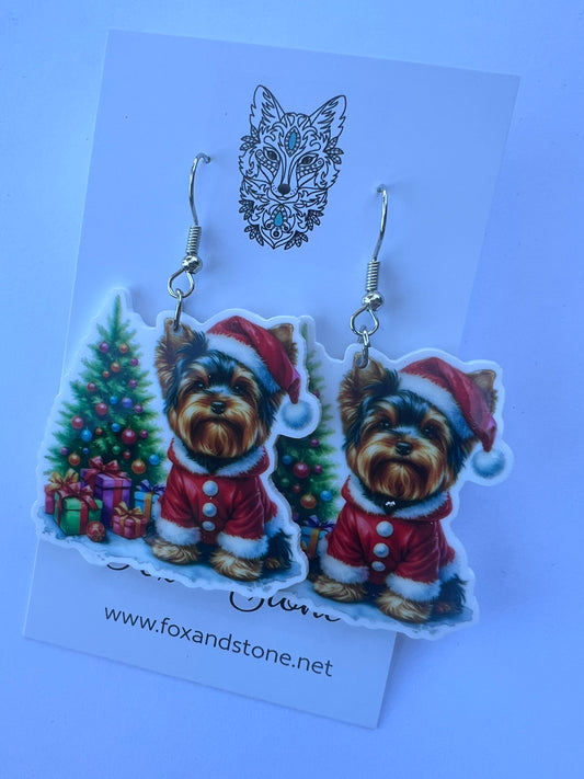 Yorkshire Terrier Santa Hat Dog Earrings