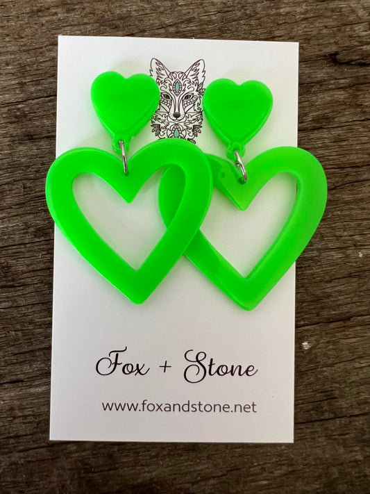Heart To Heart Fluro Green Earrings