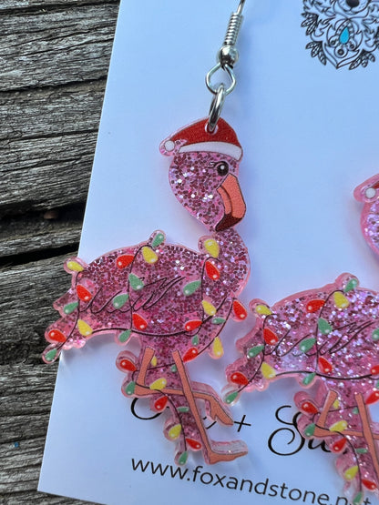 Merry Christmas Flamingo Earrings