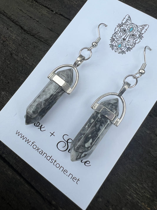 Map Jasper Gemstone Bullet Point Earrings