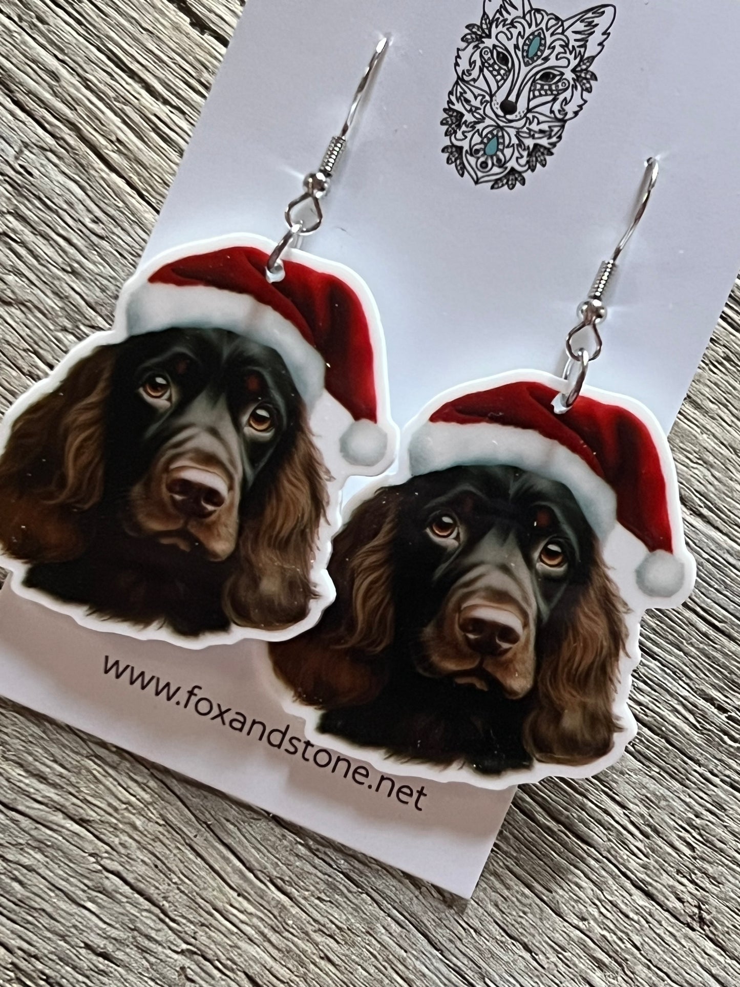 Cocker Spaniel Dark Santa Hat Dog Earrings
