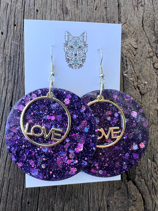 Love Statement Glitter Earrings Purple