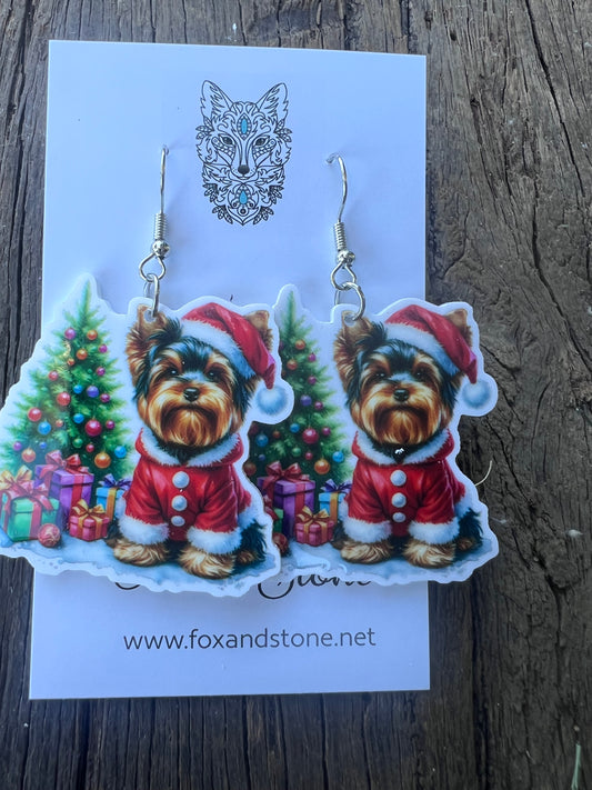 Yorkshire Terrier Santa Hat Dog Earrings