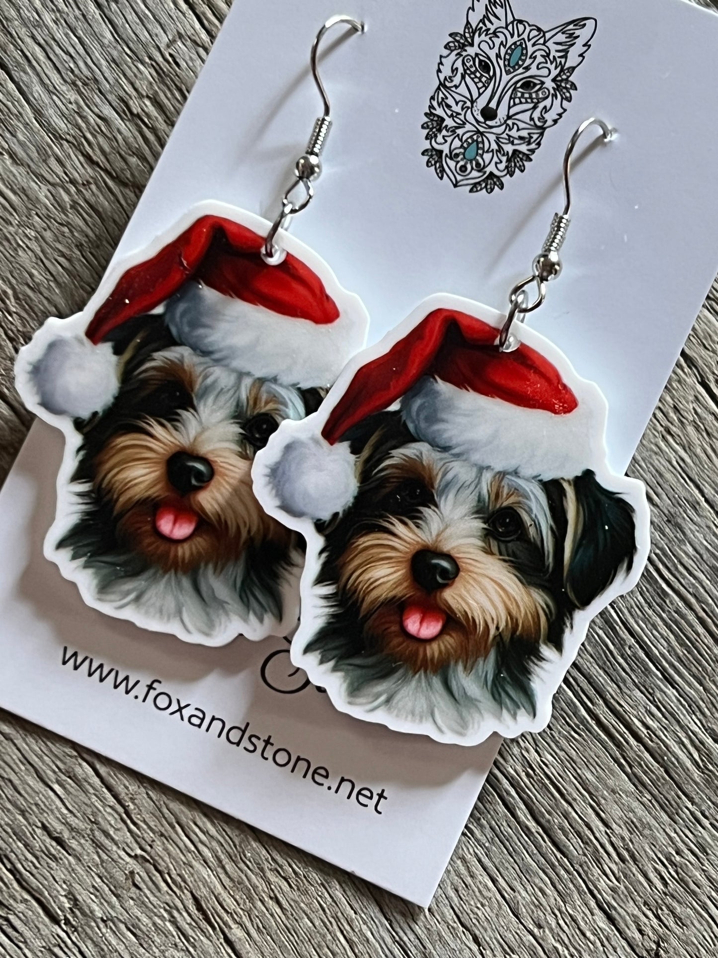 Biewer Terrier Multi Santa Hat Dog Earrings