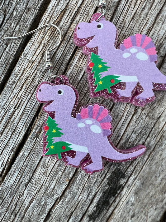 Purple Dinosaur Xmas Earrings