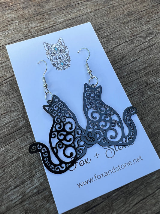 Black Filigree Cat Earrings