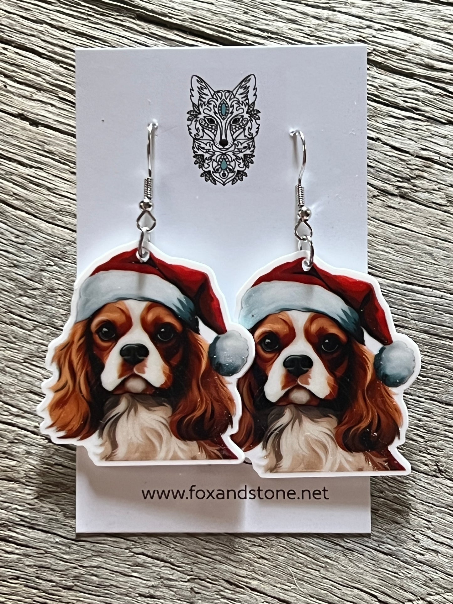 Cavalier King Charles Santa Hat Dog Earrings