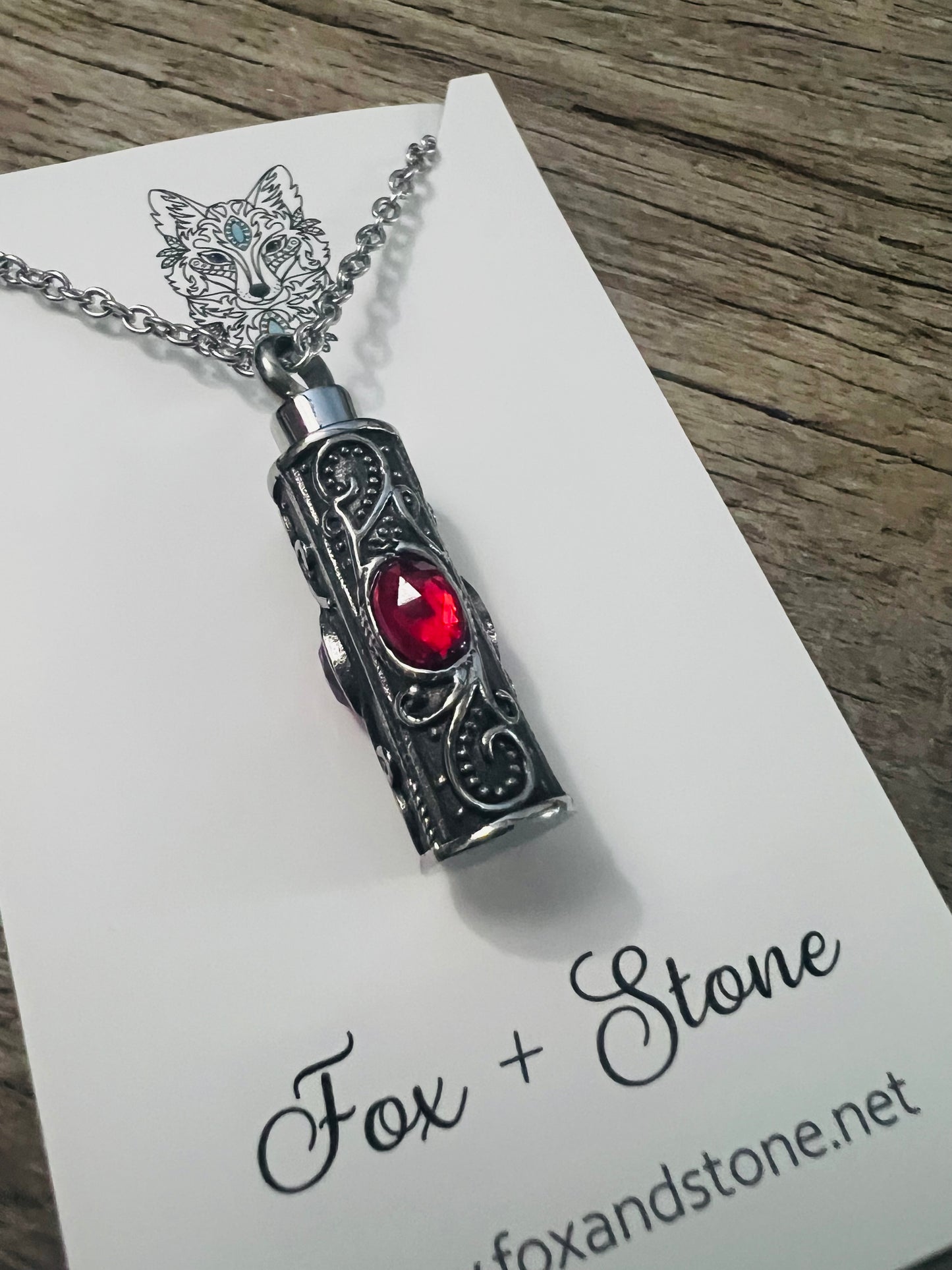 Ashes Keepsake Pendant Stainless Steel Red Stones