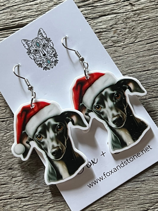 Whippet Santa Hat Dog Earrings