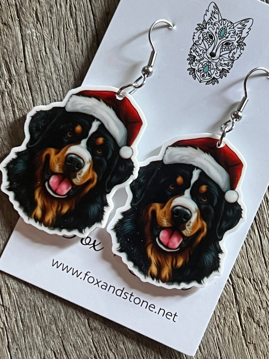 Bernese Mountain Dog Santa Hat Earrings