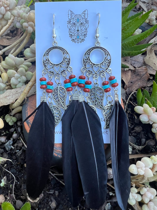Stunning Silver Leaf Black Feather Earrings