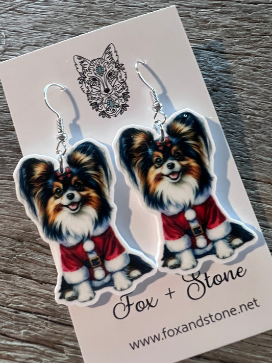 Papillon Santa Hat Dog Earrings