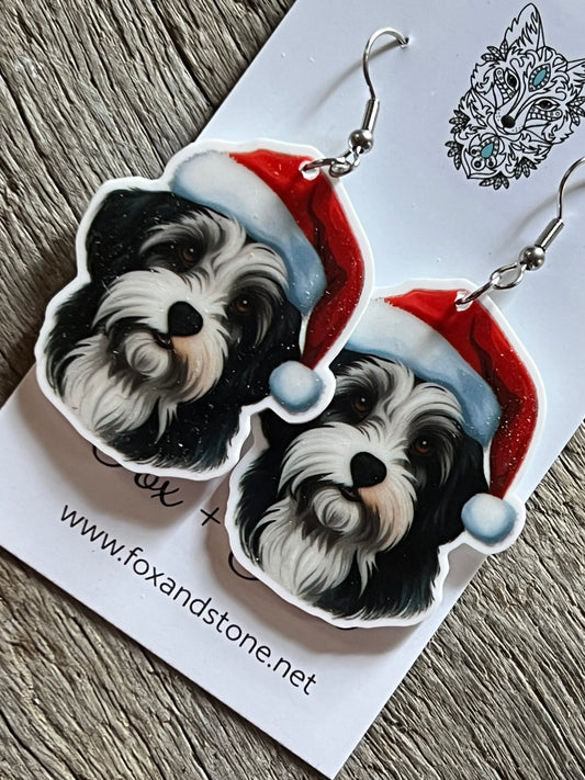 Biewer Terrier Santa Hat Dog Earrings
