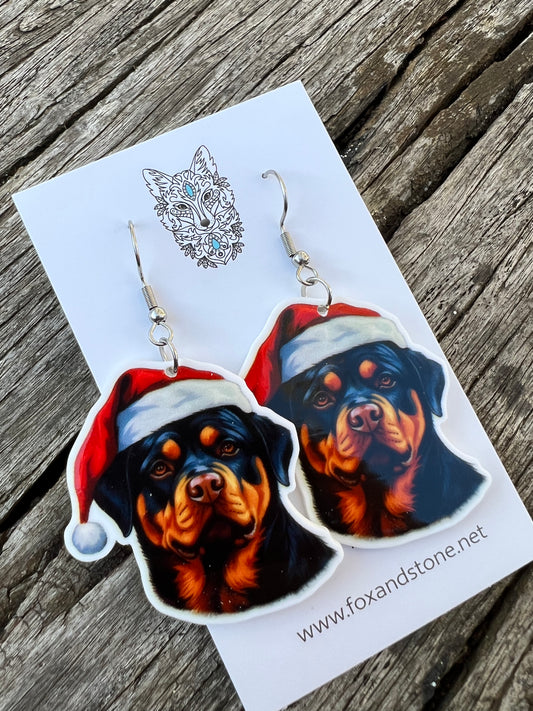 Rottweiler Santa Hat Dog Earrings