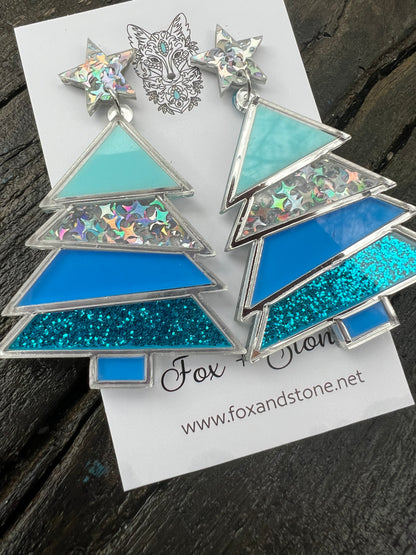 Christmas Tree Blue Glitter Earrings