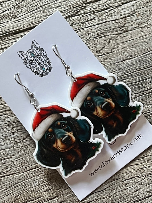Dachshund Dark Santa Hat Dog Earrings