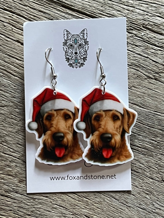 Airdale Terrier Santa Hat Dog Earrings