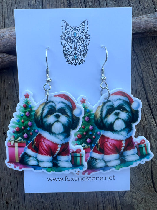Shitzu Santa Hat Dog Earrings
