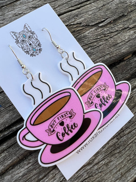But First Coffee Pink Cup Earrings